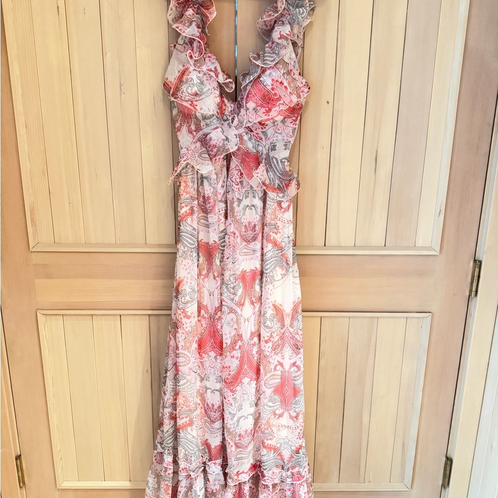 Floral Ruffle Maxi Dress in Coral and Cream